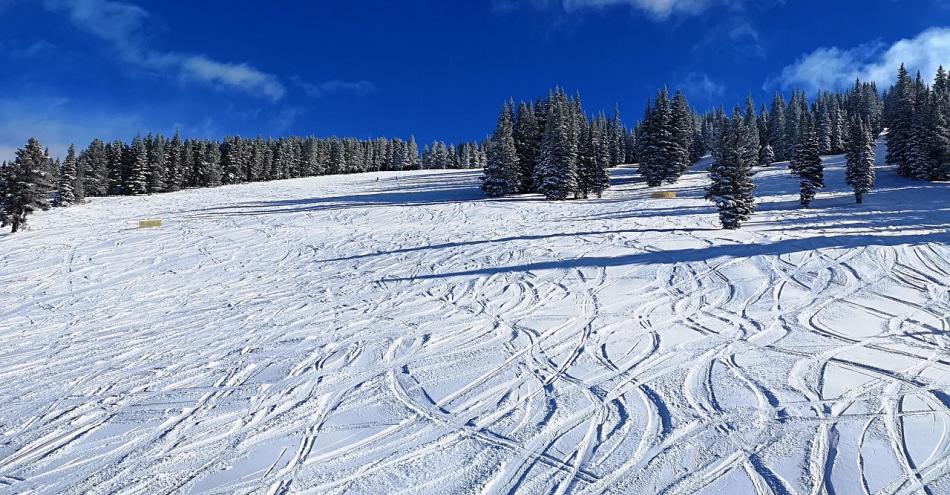 traces de ski dans la neige autour des Lodges de Valières, Chorges, Alpes du Sud