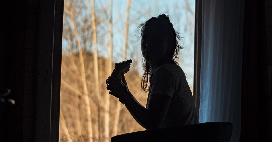 photo d'une silhouette féminine à l'intérieur du Lodge l'Écrin, profitant de la vue sur la nature